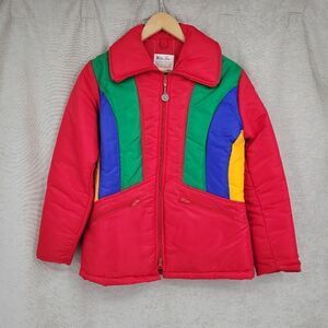 Weather Tamer 70s 80s Red Rainbow Stripe Puffer Ski Jacket Colorful Colorblock